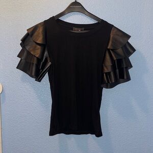 Women’s small black Garcia ruffle leather sleeve blouse